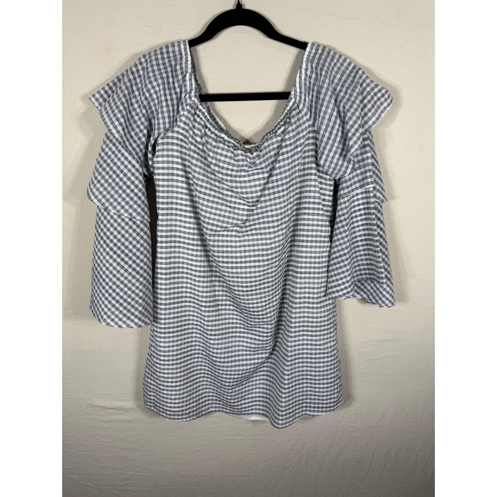 WAYF Womens Blue White Gingham Off The Shoulder Ruffle Tiered Sleeve Blouse M